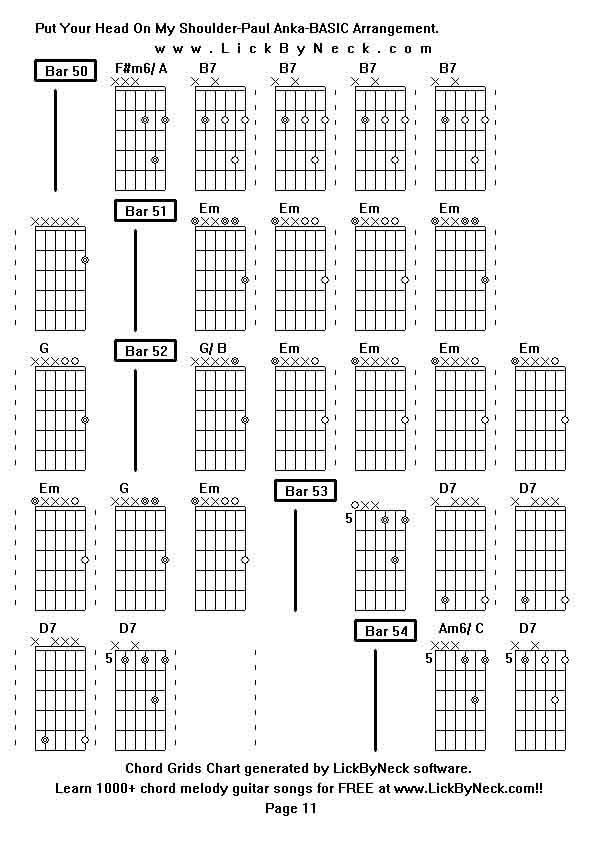 Chord Grids Chart of chord melody fingerstyle guitar song-Put Your Head On My Shoulder-Paul Anka-BASIC Arrangement,generated by LickByNeck software.